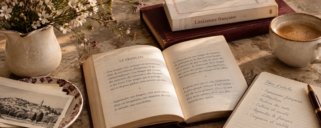 Livres ouverts, carnet de notes et tasse de café illustrant un blog consacré à la langue et à la culture françaises.